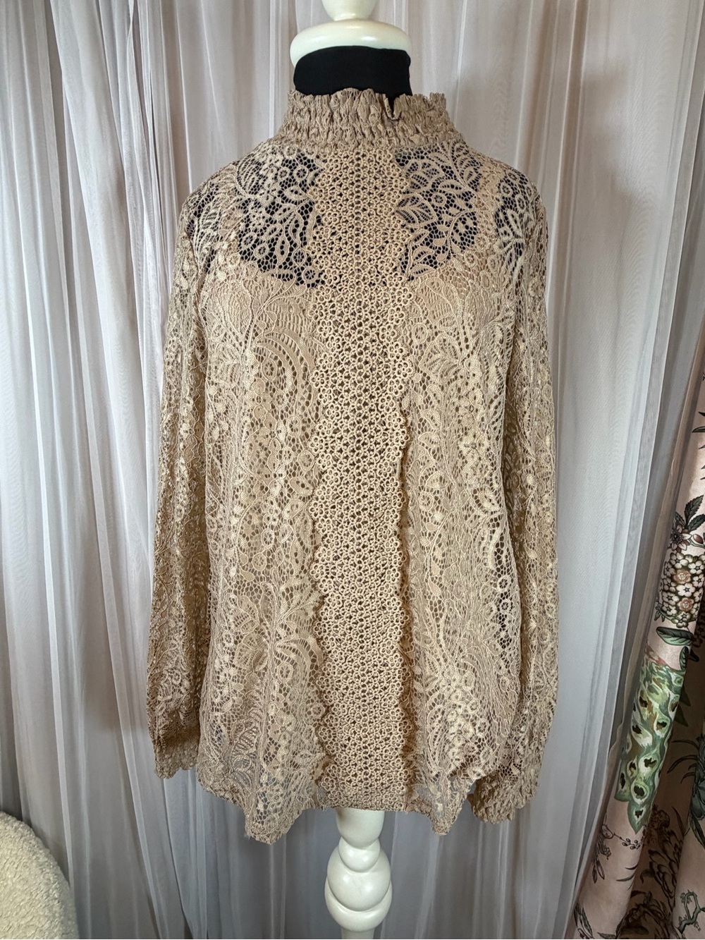 Cable & Gauge Beige Lace High Neck Blouse